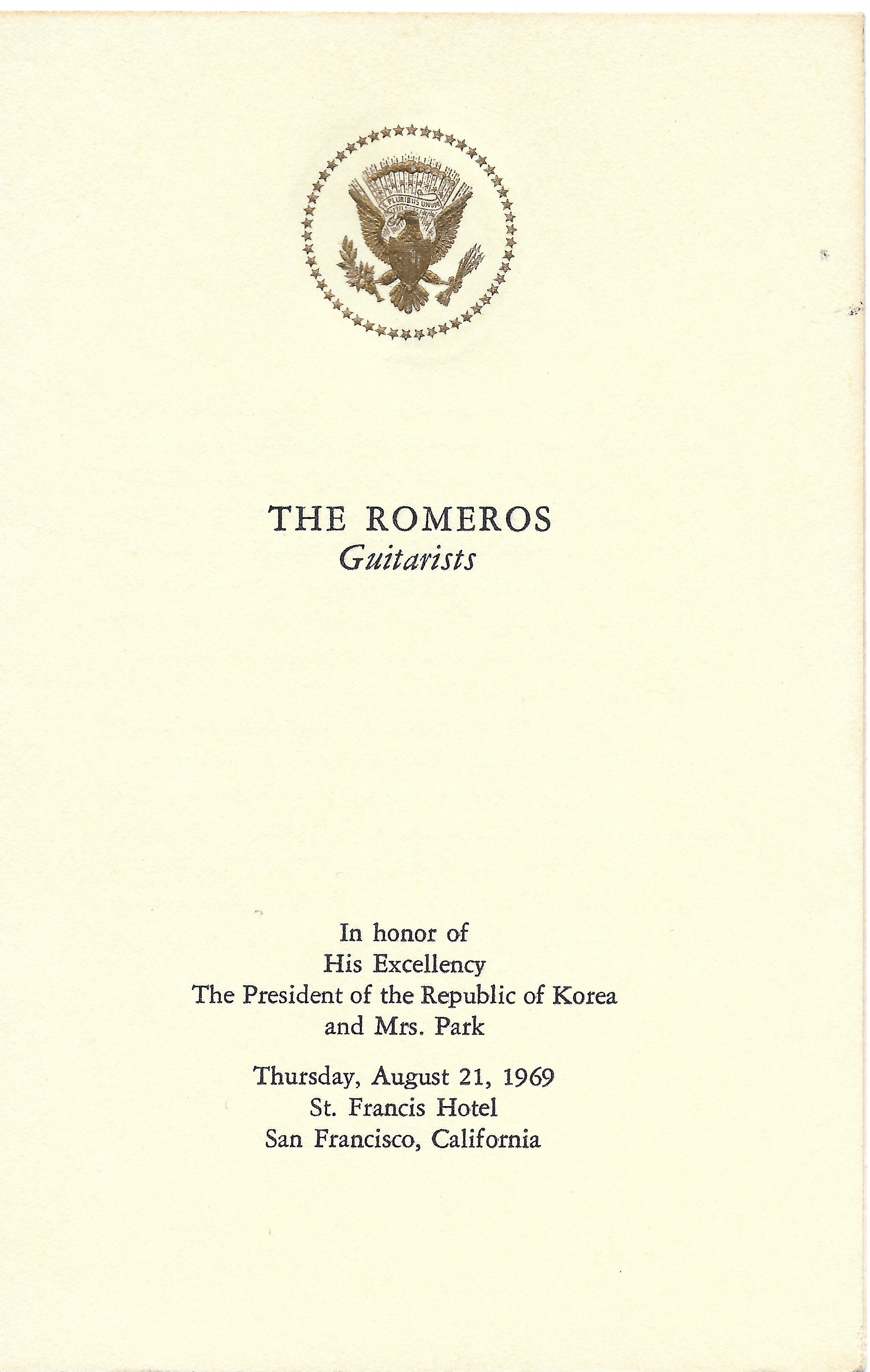 Performance in honor of President Richard Nixon and His Excellency the President of the Republic of Korea and Mrs. Park, Thursday, August 21, 1969. St. Francis Hotel, San Francisco, California.